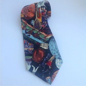 Nicole Miller Tie Golf Tennis Horses Basketball Sports Black Silk Vintage 90s
